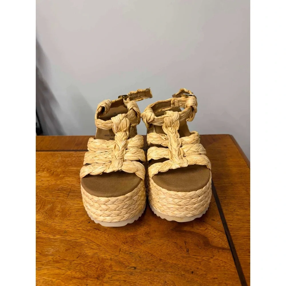 Free People Woven Raffia Platform Sandals Tan Espadrille Wedge Made in Spain 36